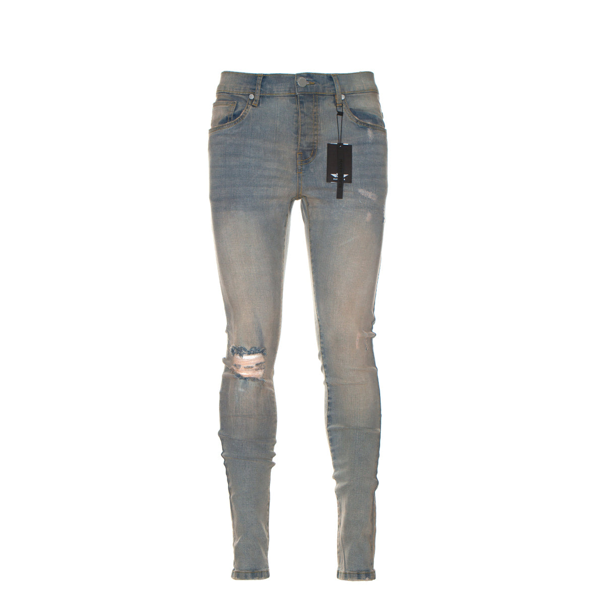 Black Denim Desert Sky Pale Blue Men's Distressed Skinny Jeans